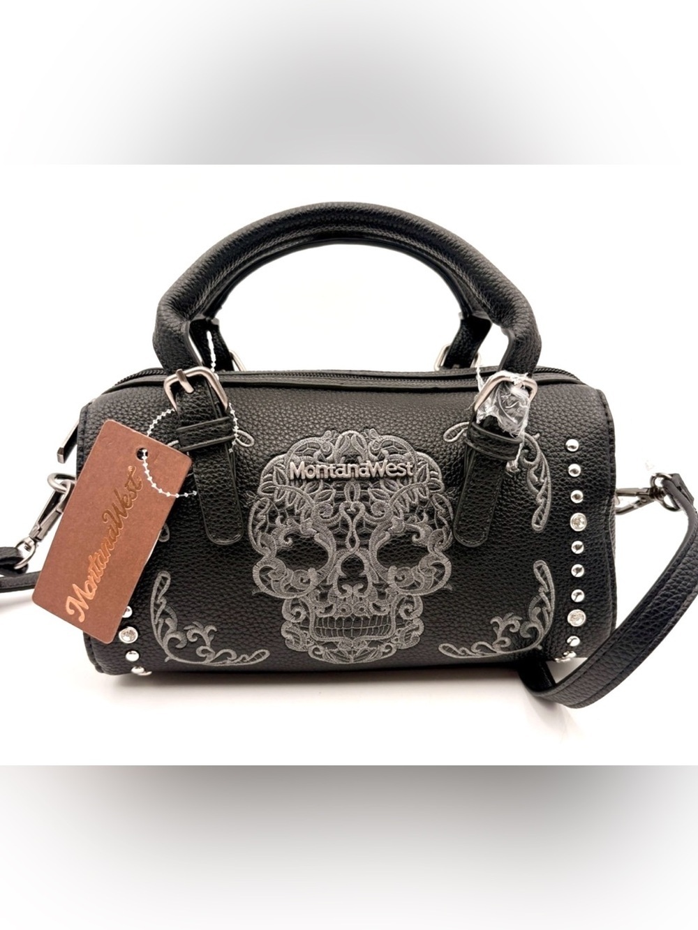 ☠️Montana West Black Embroidered Skull Barrel Satchel with Accents☠️NWT